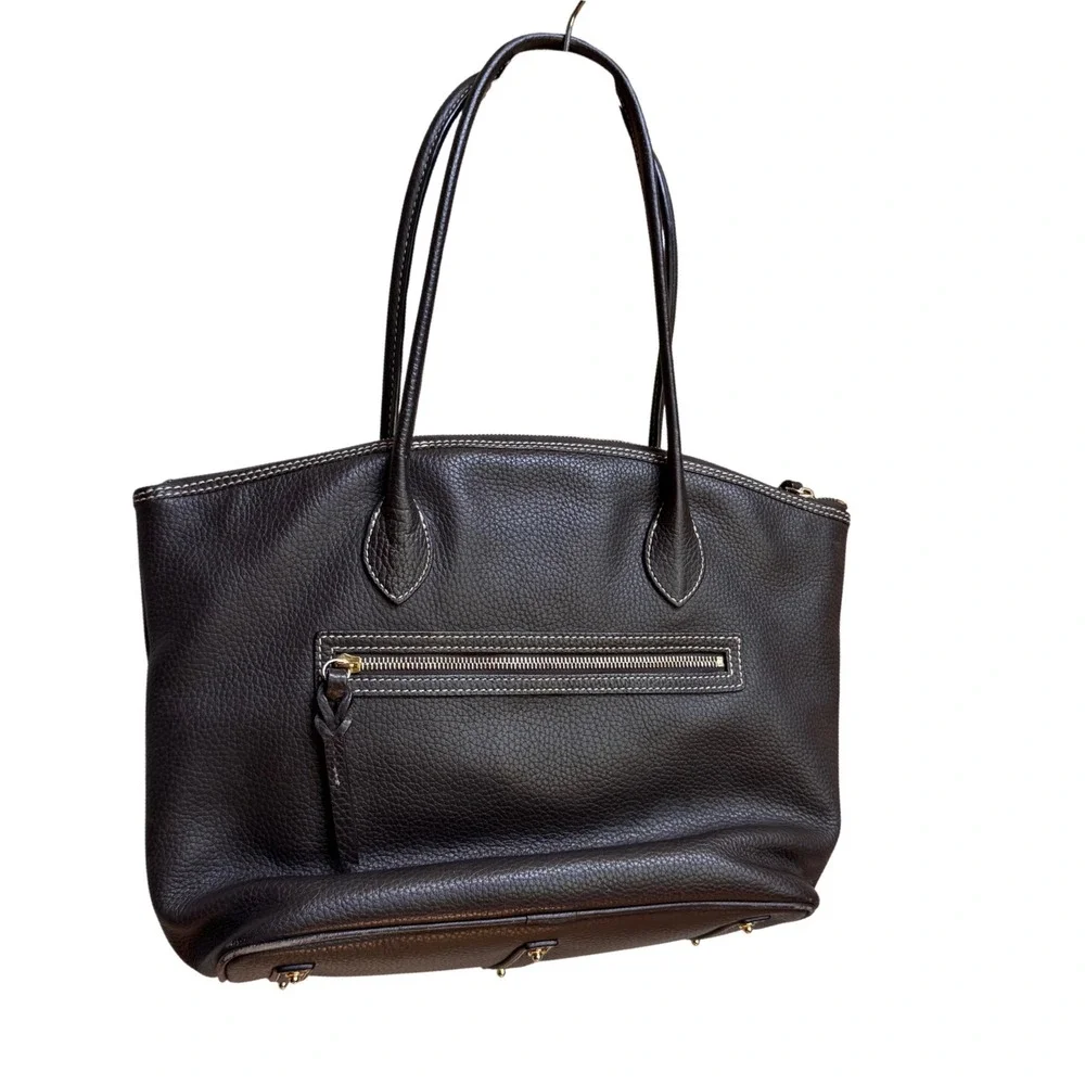 Dooney & Bourke Dark Brown Black Pebble Grain Leather Tote Bag Gold Hardware Med